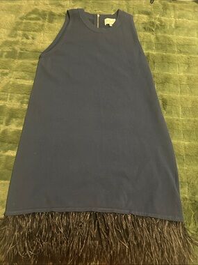 Milly Sleeveless Navy Shift Dress with Feather Hem